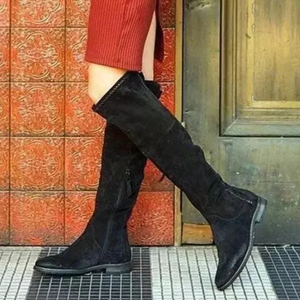 Miz Mooz Black Suede Over The Knee Side Zip Slip On Flat Boots Size 36